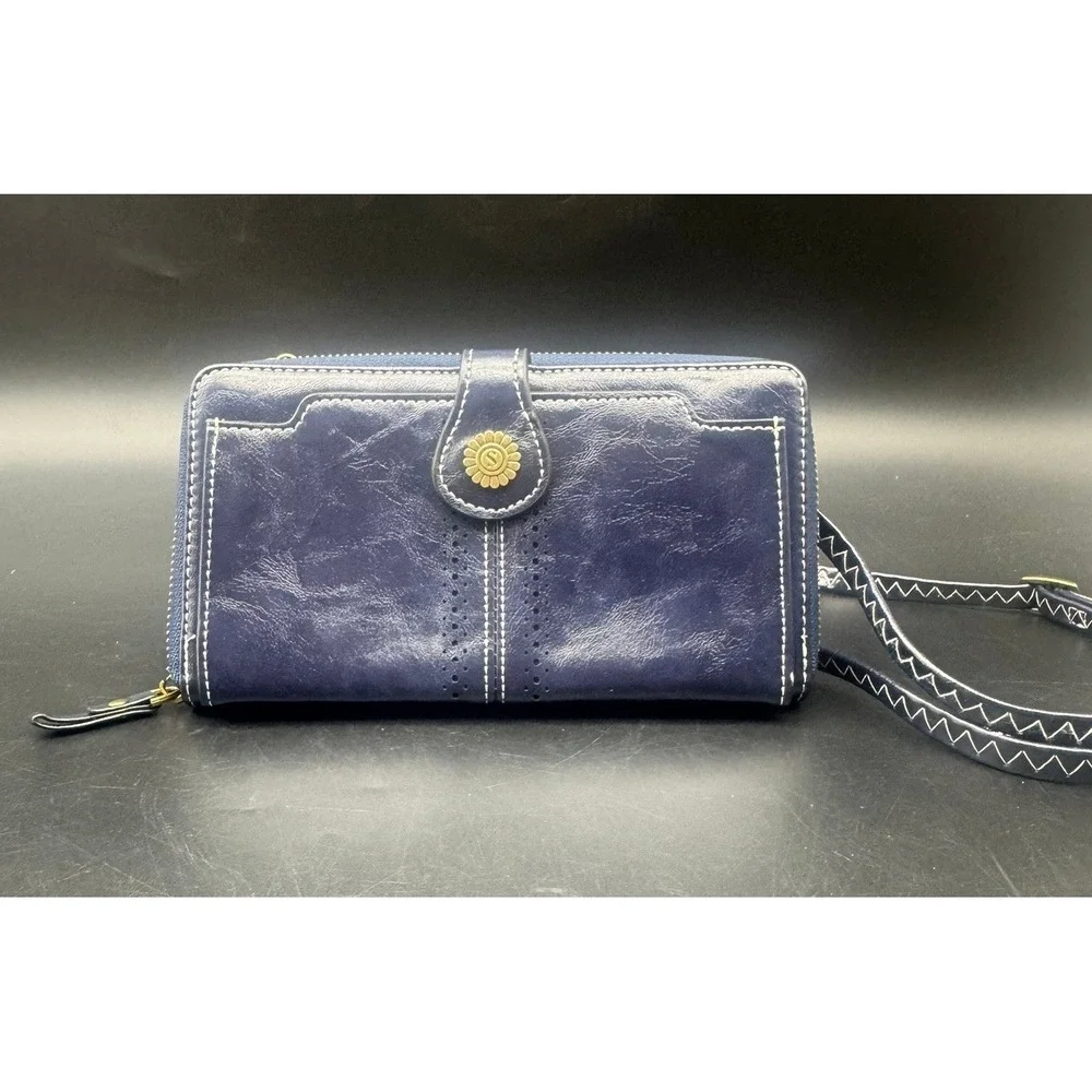 S Zone Blue Vegan Leather Crossbody Wallet Phone Bag Floral Button NEW